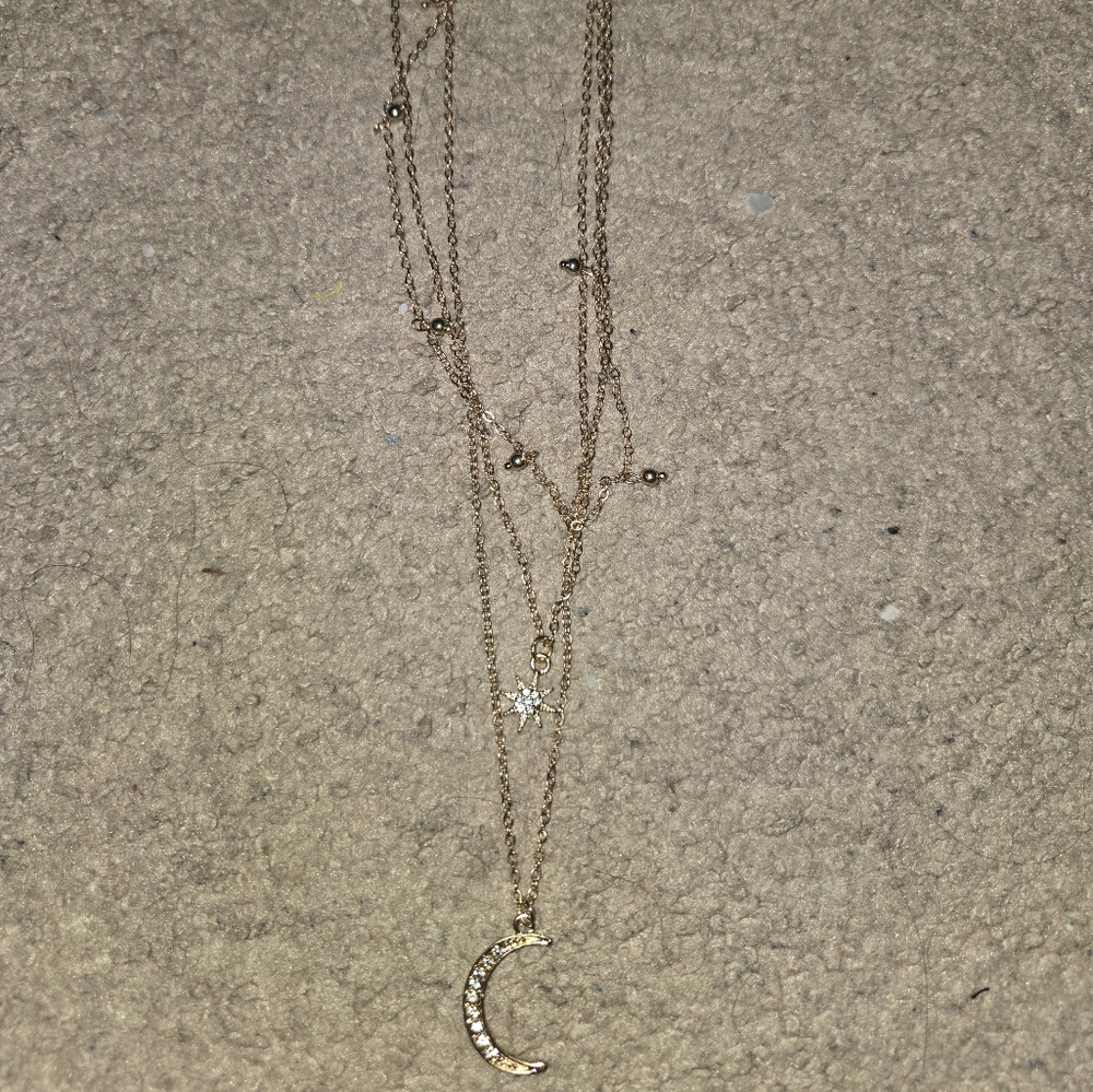 Moon And Star Tripple Layered Necklace with Charms